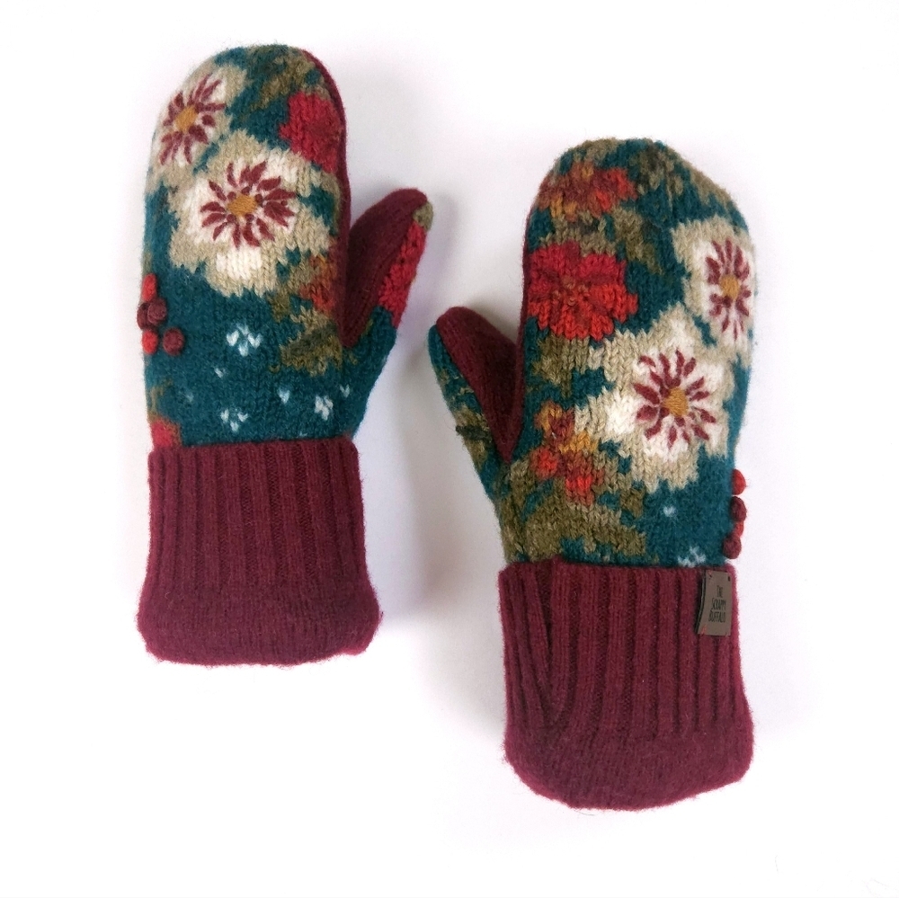 Upcycled Embroidered Teal and Burgundy Sweater Mittens Double Fleece Lined M